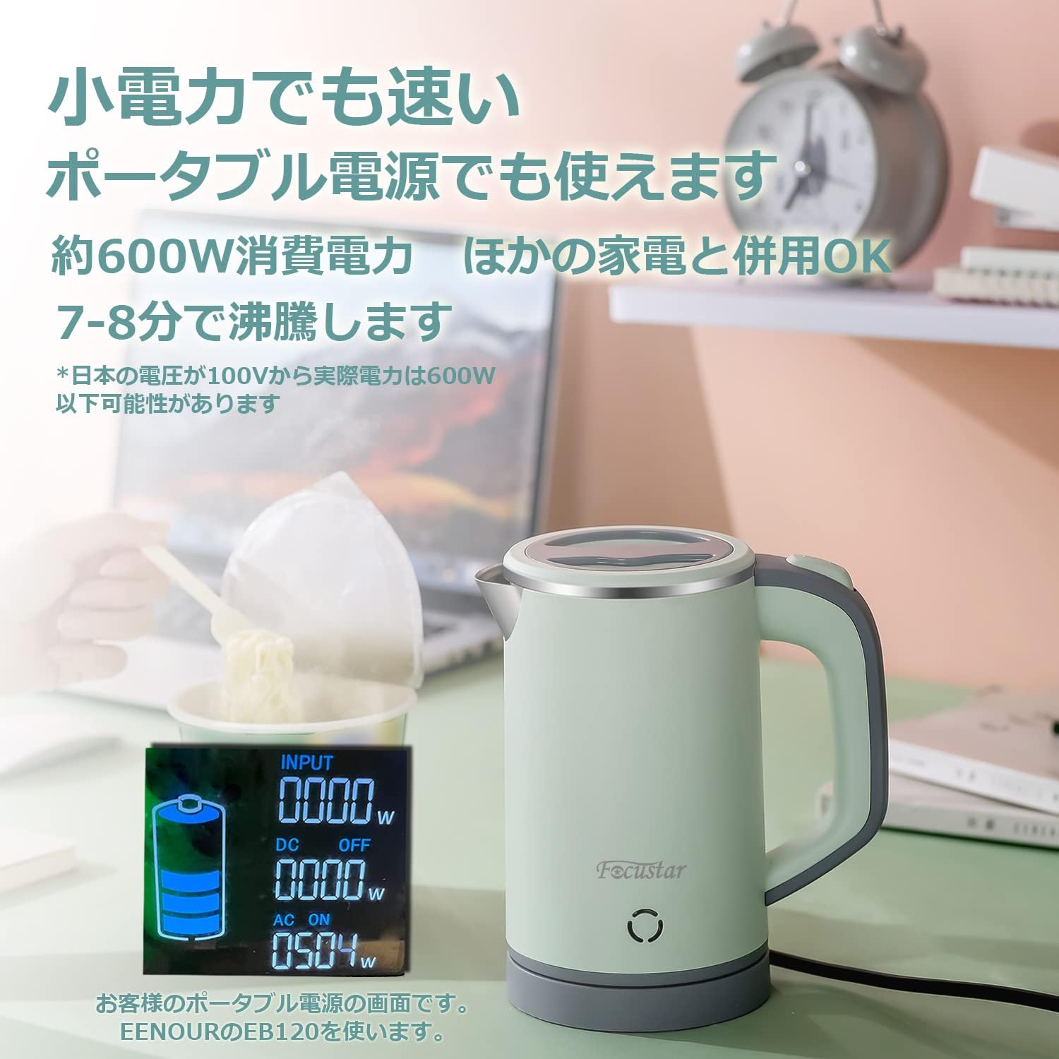 Focustar 電気ケトル ポータブル 0.8L 電気ポット ケトル 快速沸騰 沸騰後自動OFF 空焚き防止 蓋取り外し可能 湯沸かしケトル 小型 軽量 トラベルケトル お手入れ簡単 一人用