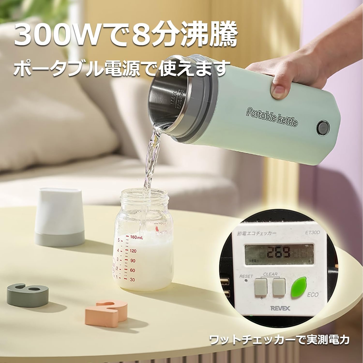 Focustar 電気ケトル 小型 500ML ポータブル電気ケトル 低消費電力 300W 沸騰すると自動OFF 空焚き防止 湯沸かしポット 小型 旅行 車中泊 トラベルケトル